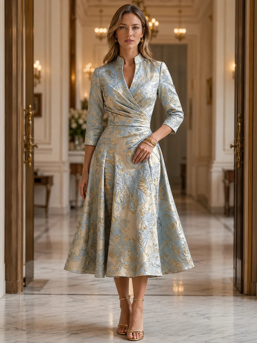Jacquard A-Line V-Neck Tea-Length Mother of the Bride and Groom Dress