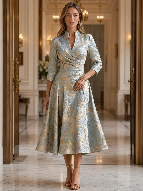 Dusty Blue Jacquard A-Line V-Neck Tea-Length Mother of the Bride and Groom Dress
