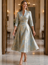 Jacquard A-Line V-Neck Tea-Length Mother of the Bride and Groom Dress