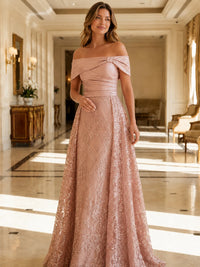 Women’s Off Shoulder Floral Lace A-Line Evening Gown for Wedding Guest