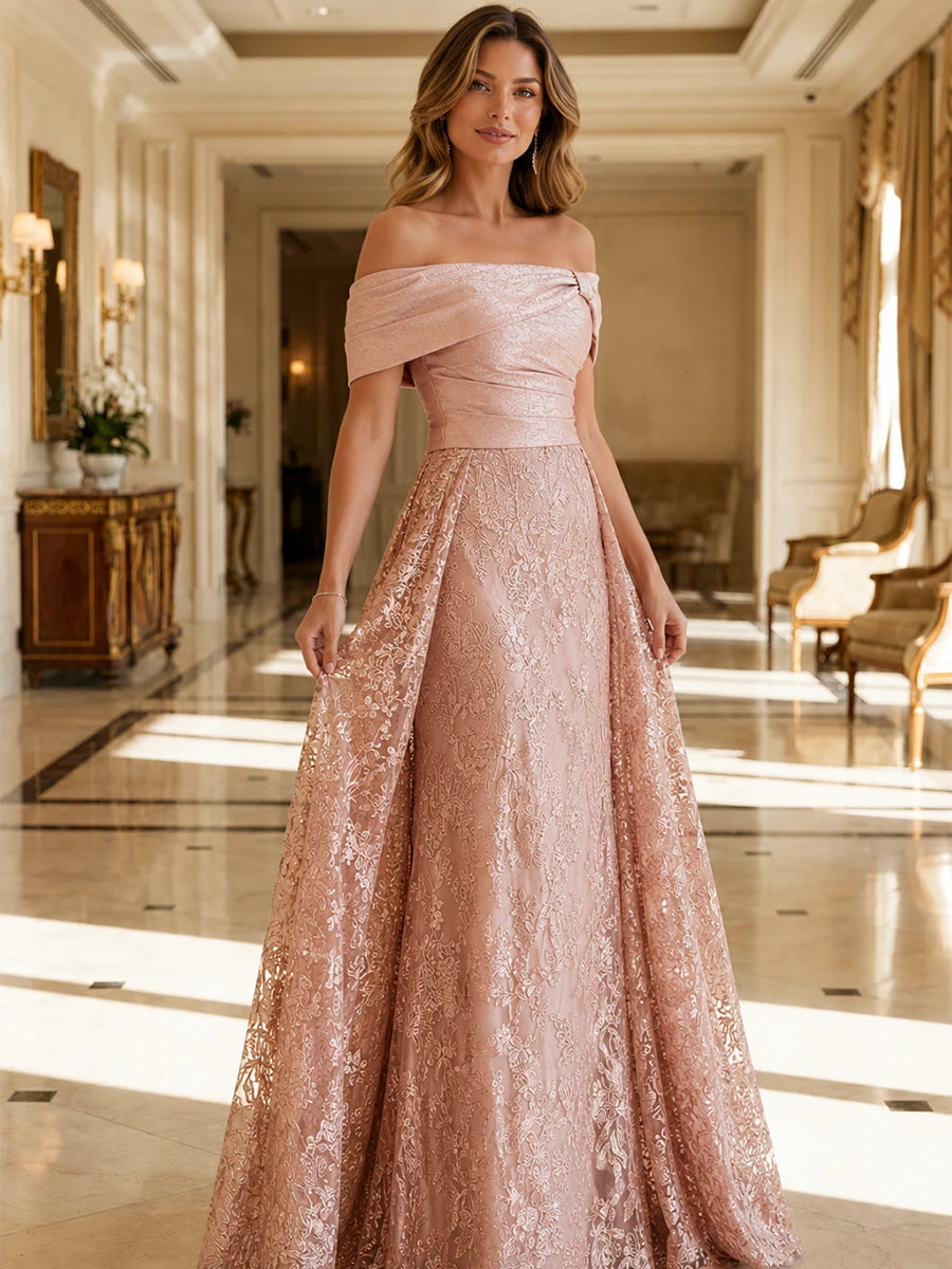 Women’s Off Shoulder Floral Lace A-Line Evening Gown for Wedding Guest