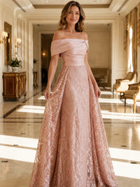 Women’s Off Shoulder Floral Lace A-Line Evening Gown for Wedding Guest