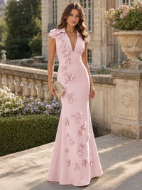 3D Floral Mermaid Formal Dress with V-Neck Collar