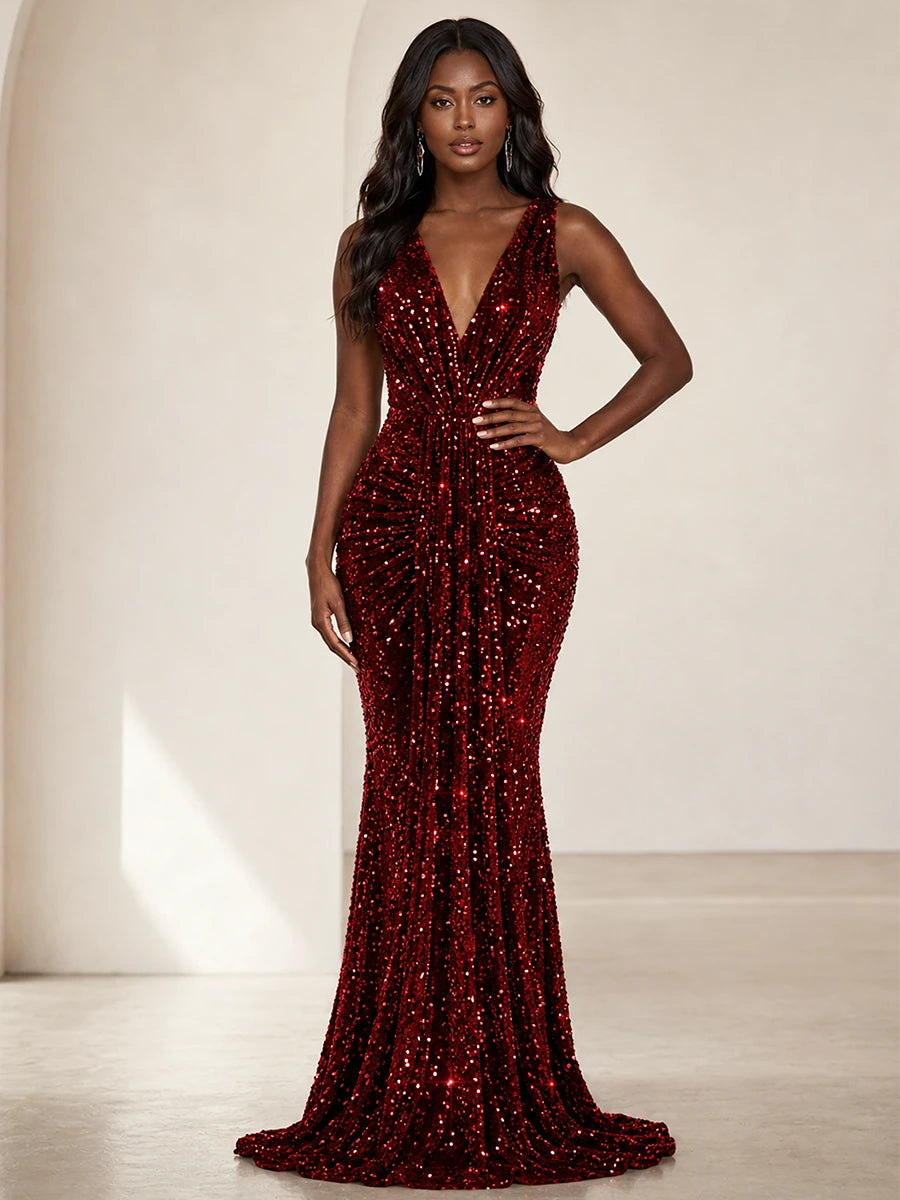 Sequin Mermaid Prom Dress with V-Neck and Ruched Waist