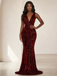 Sequin Mermaid Prom Dress with V-Neck and Ruched Waist