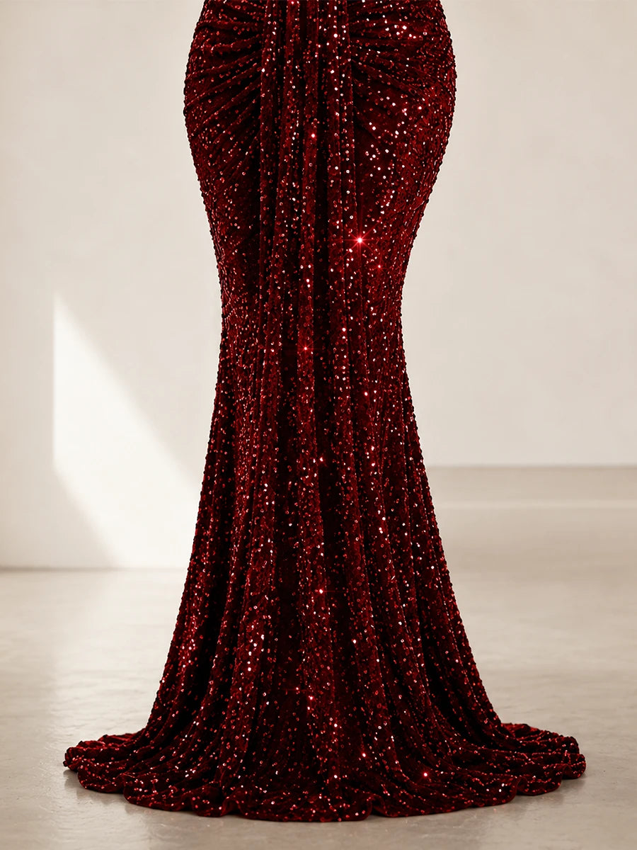 Sequin Mermaid Prom Dress with V-Neck and Ruched Waist