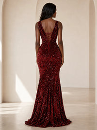 Sequin Mermaid Prom Dress with V-Neck and Ruched Waist