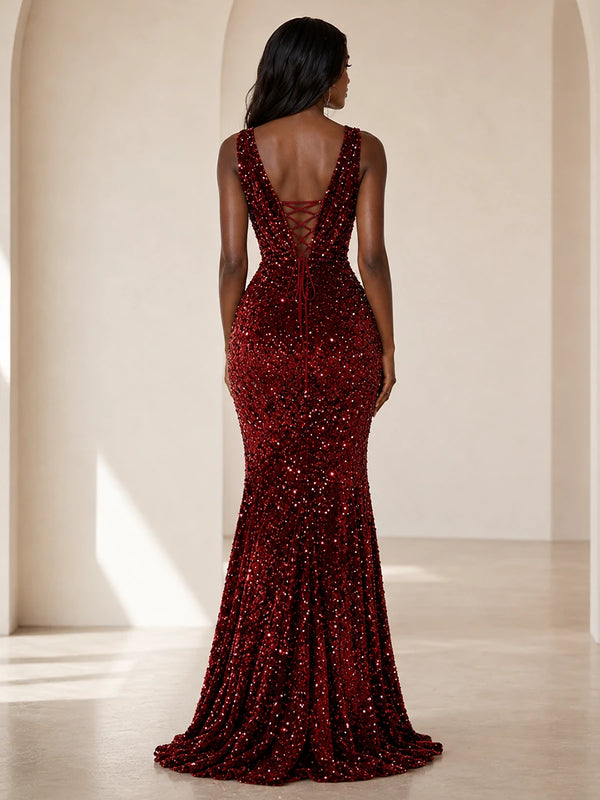 Sequin Mermaid Prom Dress with V-Neck and Ruched Waist