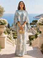 Floral Jacquard Cape Sleeve Floor-Length Mother of the Bride Dress