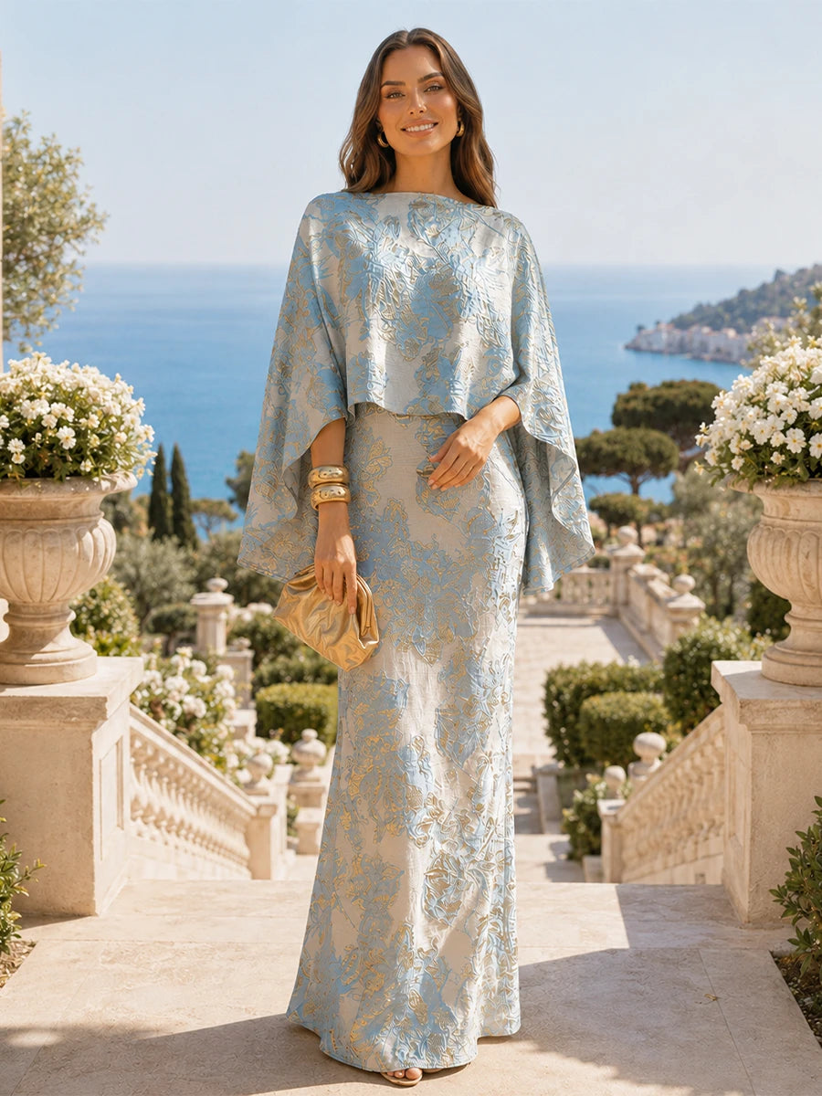 Floral Jacquard Cape Sleeve Floor-Length Mother of the Bride Dress