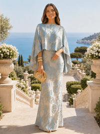 Floral Jacquard Cape Sleeve Floor-Length Mother of the Bride Dress