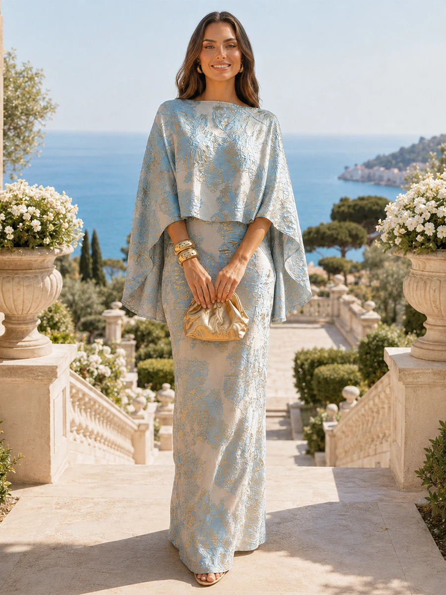 Floral Jacquard Cape Sleeve Floor-Length Mother of the Bride Dress