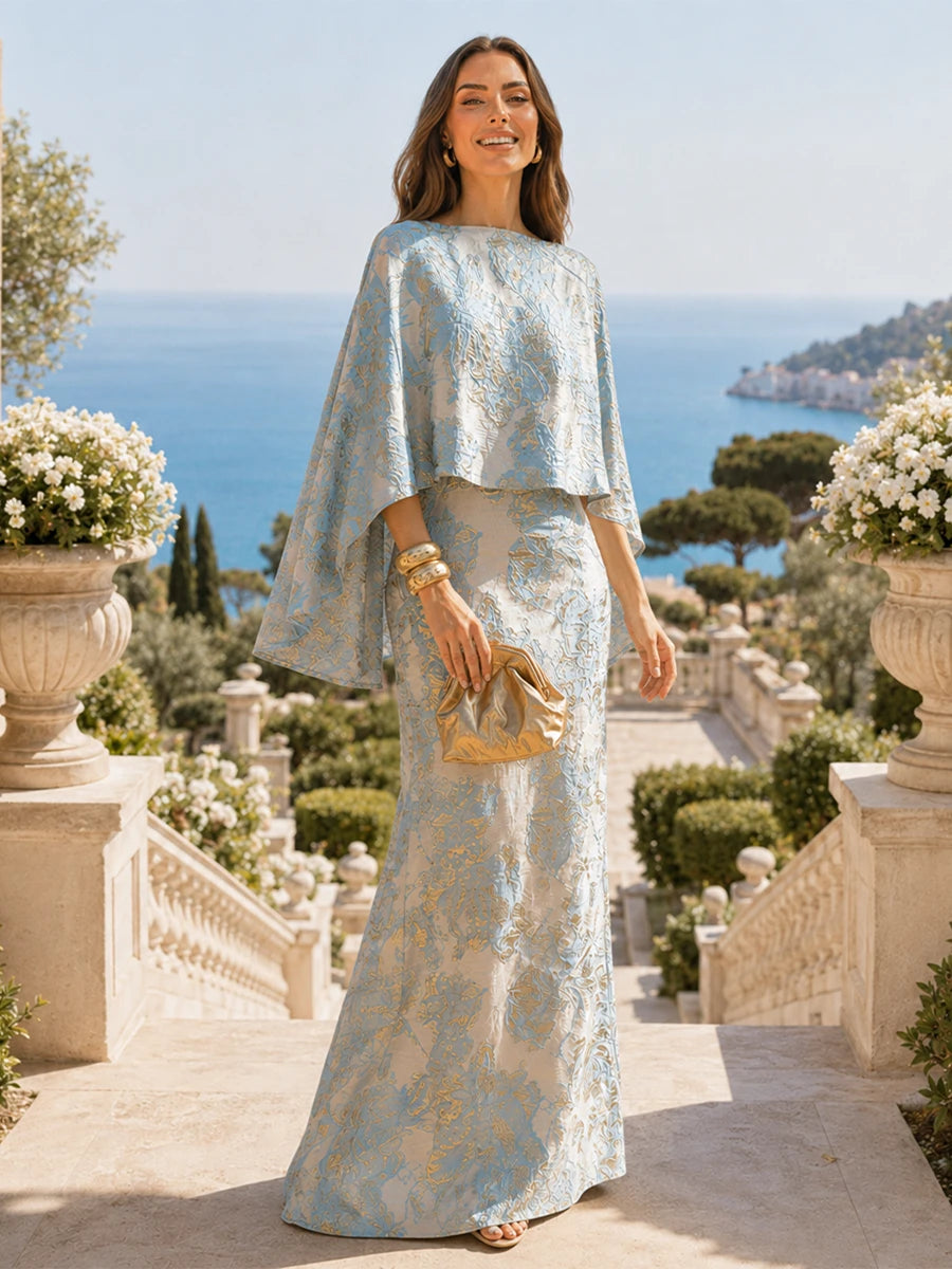 Floral Jacquard Cape Sleeve Floor-Length Mother of the Bride Dress