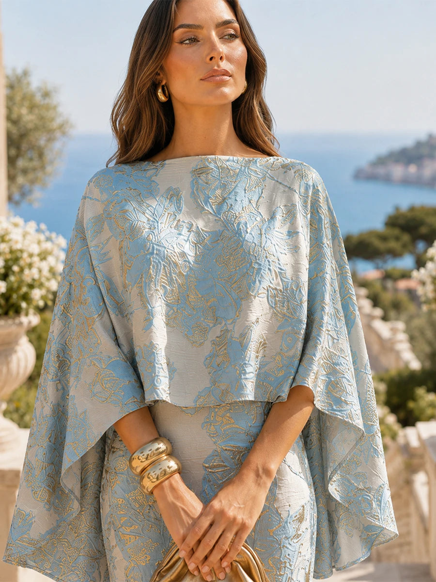 Floral Jacquard Cape Sleeve Floor-Length Mother of the Bride Dress