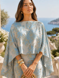 Floral Jacquard Cape Sleeve Floor-Length Mother of the Bride Dress