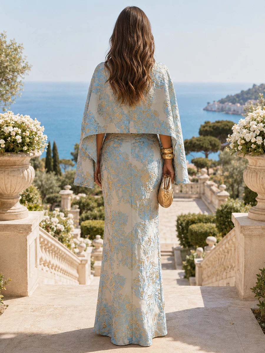 Floral Jacquard Cape Sleeve Floor-Length Mother of the Bride Dress