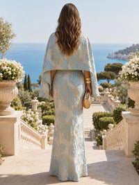 Floral Jacquard Cape Sleeve Floor-Length Mother of the Bride Dress