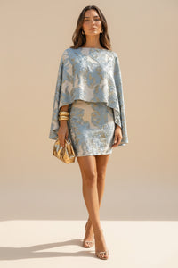 Floral Jacquard Cape Sleeve Mini Cocktail Dress