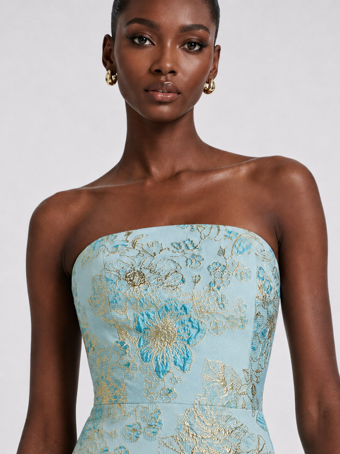 Light Blue Floral Jacquard Strapless A-Line Maxi Dress