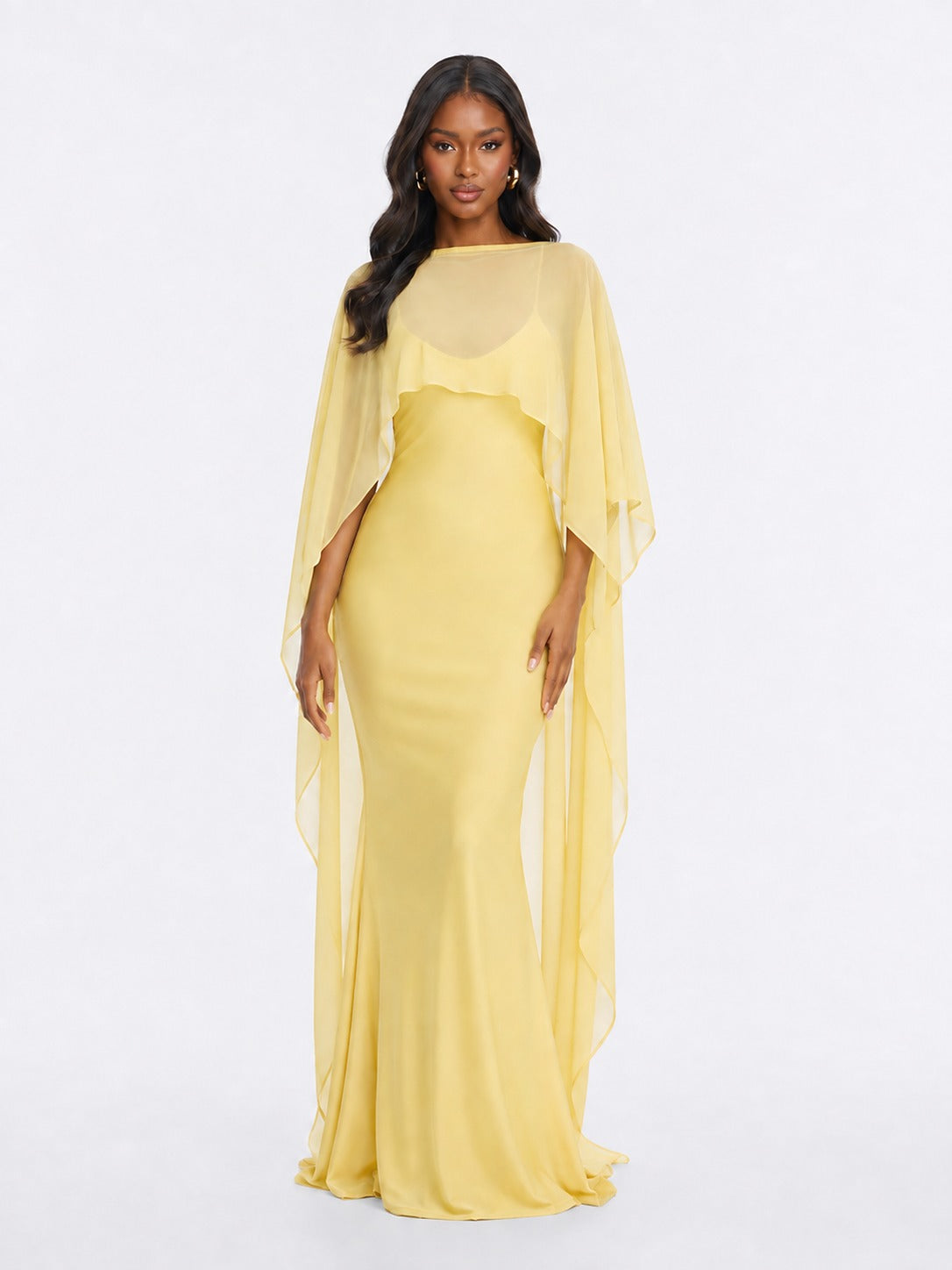 Butter Yellow Satin Cape Maxi Dress
