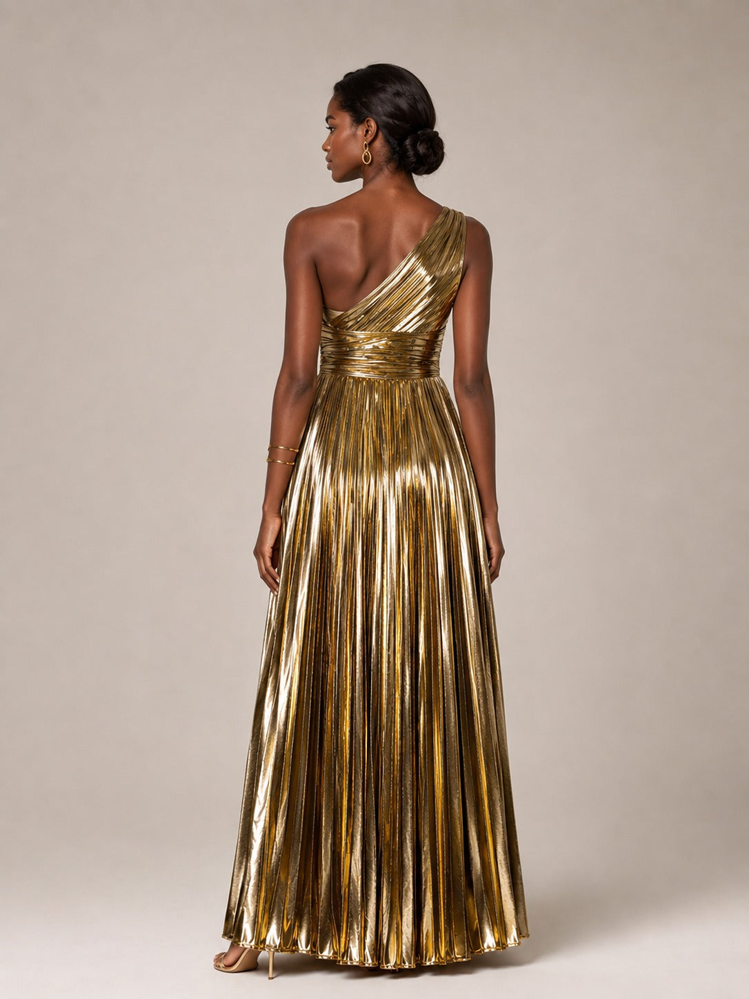 Gold Metallic Pleated One Shoulder Maxi Dress