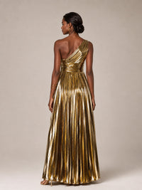Gold Metallic Pleated One Shoulder Maxi Dress