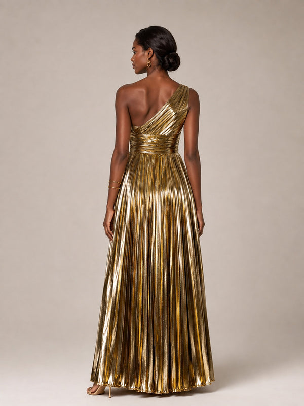 Gold Metallic Pleated One Shoulder Maxi Dress