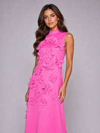 Hot Pink 3D Floral Applique High Neck Maxi Dress