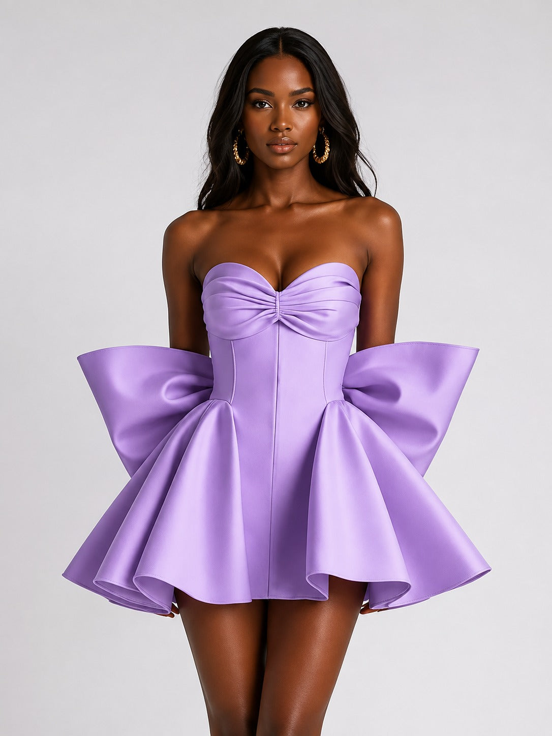 Lilac Satin Strapless Corset Oversized Bow Mini Dress