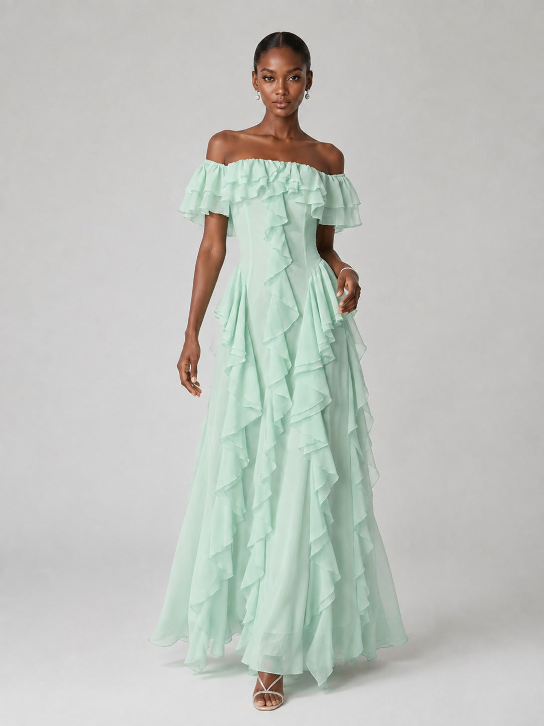 Mint Green Off-Shoulder Chiffon Maxi Dress with Cascading Ruffles