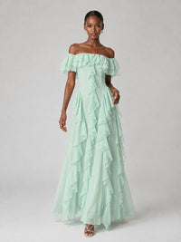 Mint Green Off-Shoulder Chiffon Maxi Dress with Cascading Ruffles
