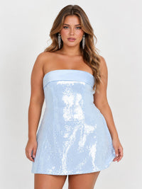 Light Blue Sequin Foldover Strapless A-Line Mini Dress