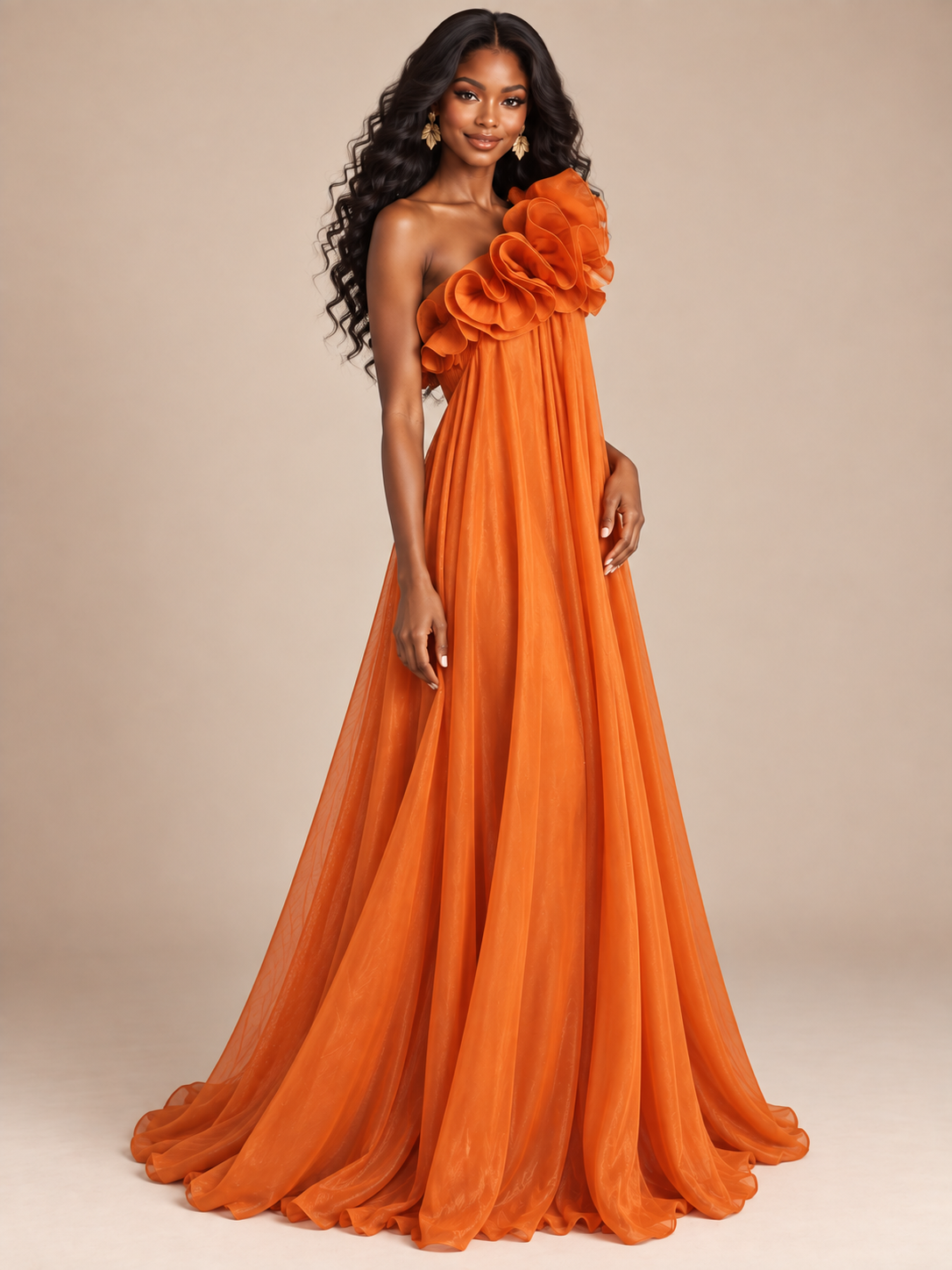 Burnt Orange One Shoulder Ruffle Maxi Dress