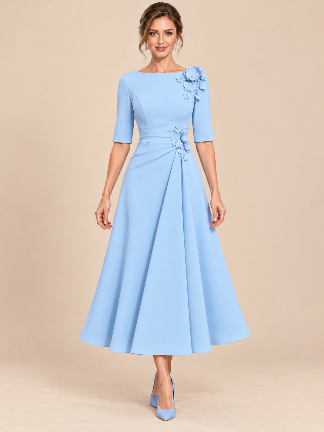 Light Blue Boat Neck A Line Mother of the Bride Midi Dress with Sleeves and 3D Floral Applique