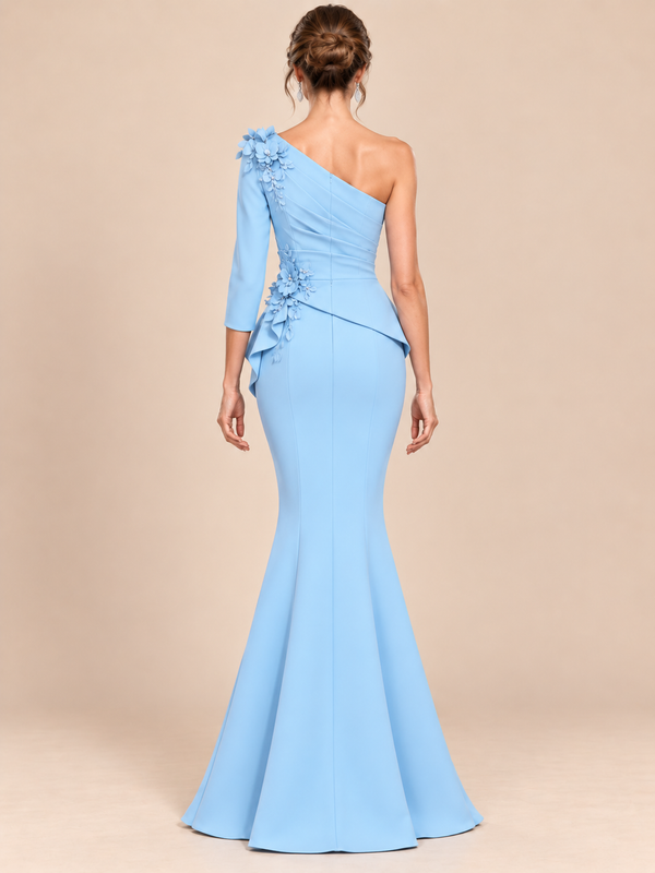 Light Blue One Shoulder Mermaid Mother of the Bride Dress with 3D Floral Applique