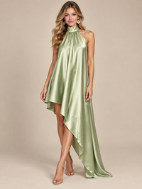 Sage Green Satin Halter Neck High-Low Maxi Dress