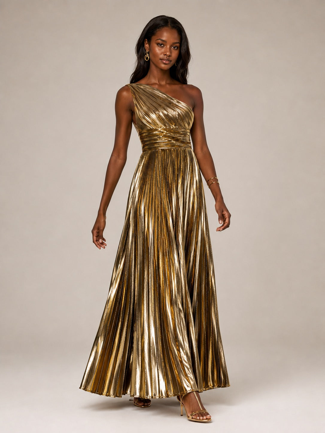 Gold Metallic Pleated One Shoulder Maxi Dress