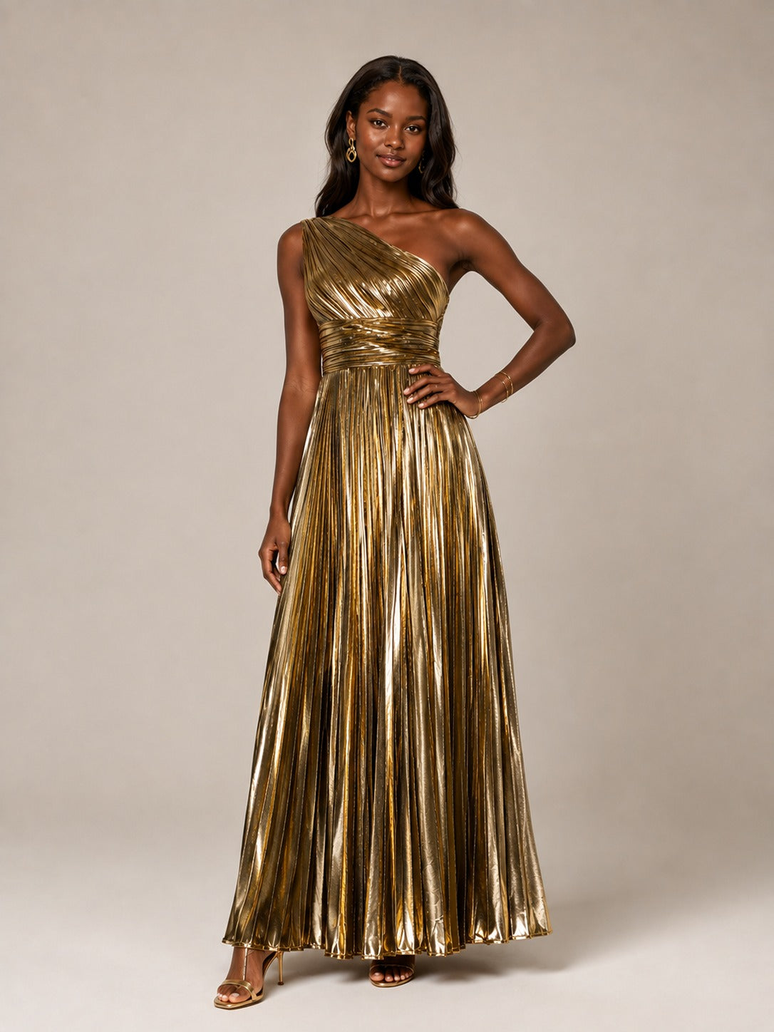 Gold Metallic Pleated One Shoulder Maxi Dress