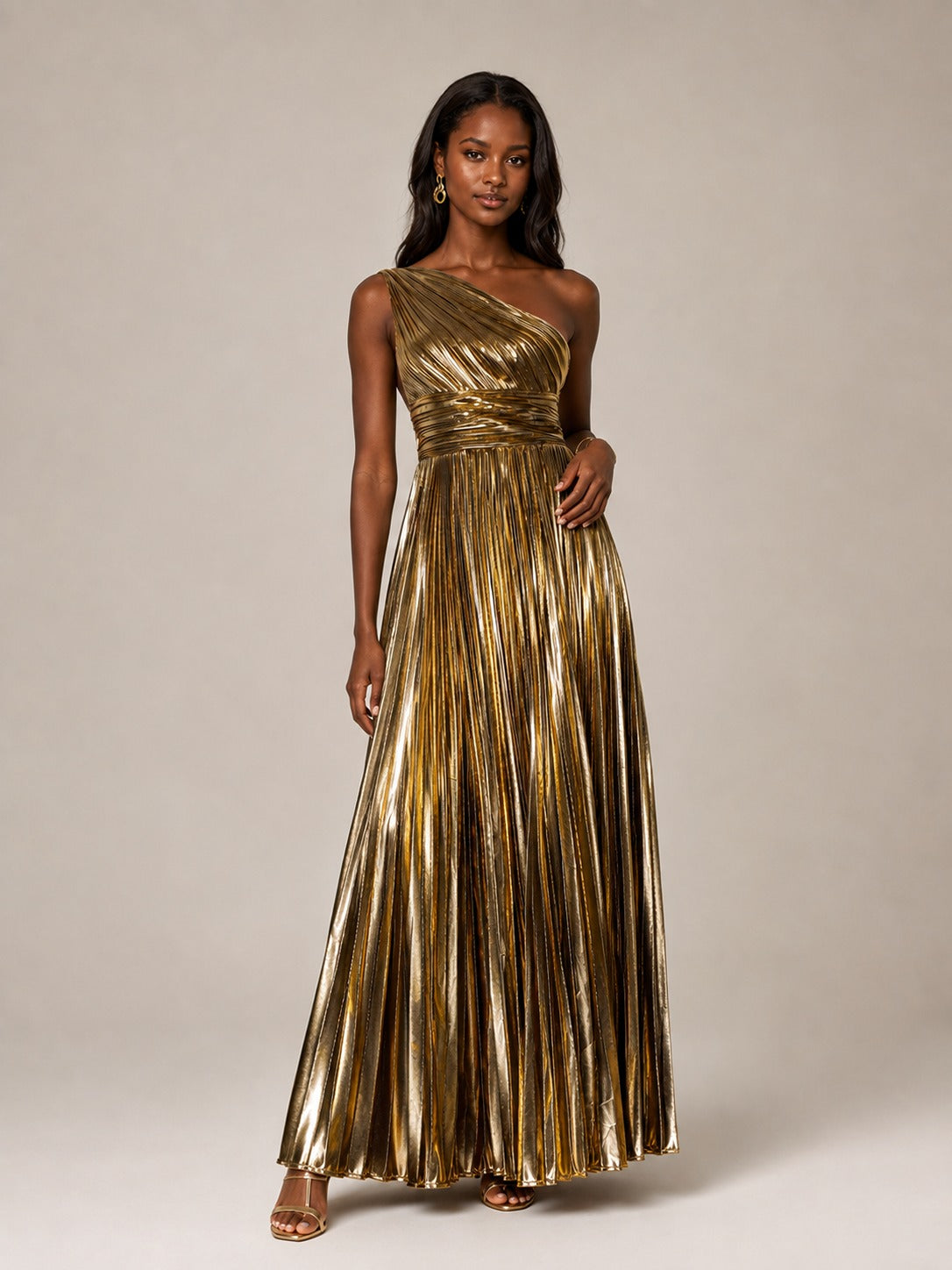 Gold Metallic Pleated One Shoulder Maxi Dress
