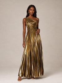 Gold Metallic Pleated One Shoulder Maxi Dress
