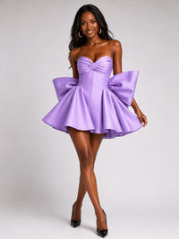 Lilac Satin Strapless Corset Oversized Bow Mini Dress