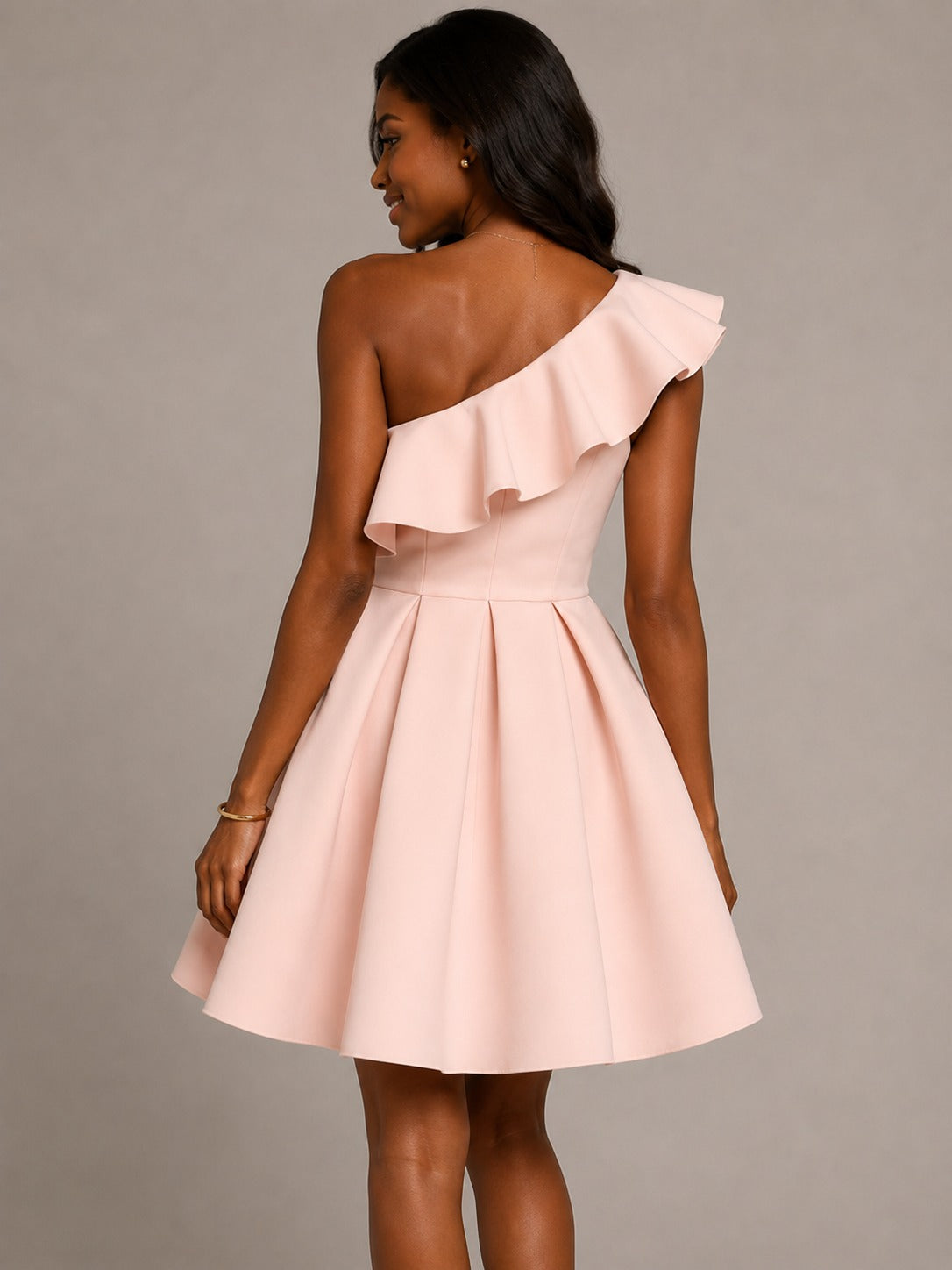 Blush Pink One-Shoulder Ruffle A-Line Mini Dress