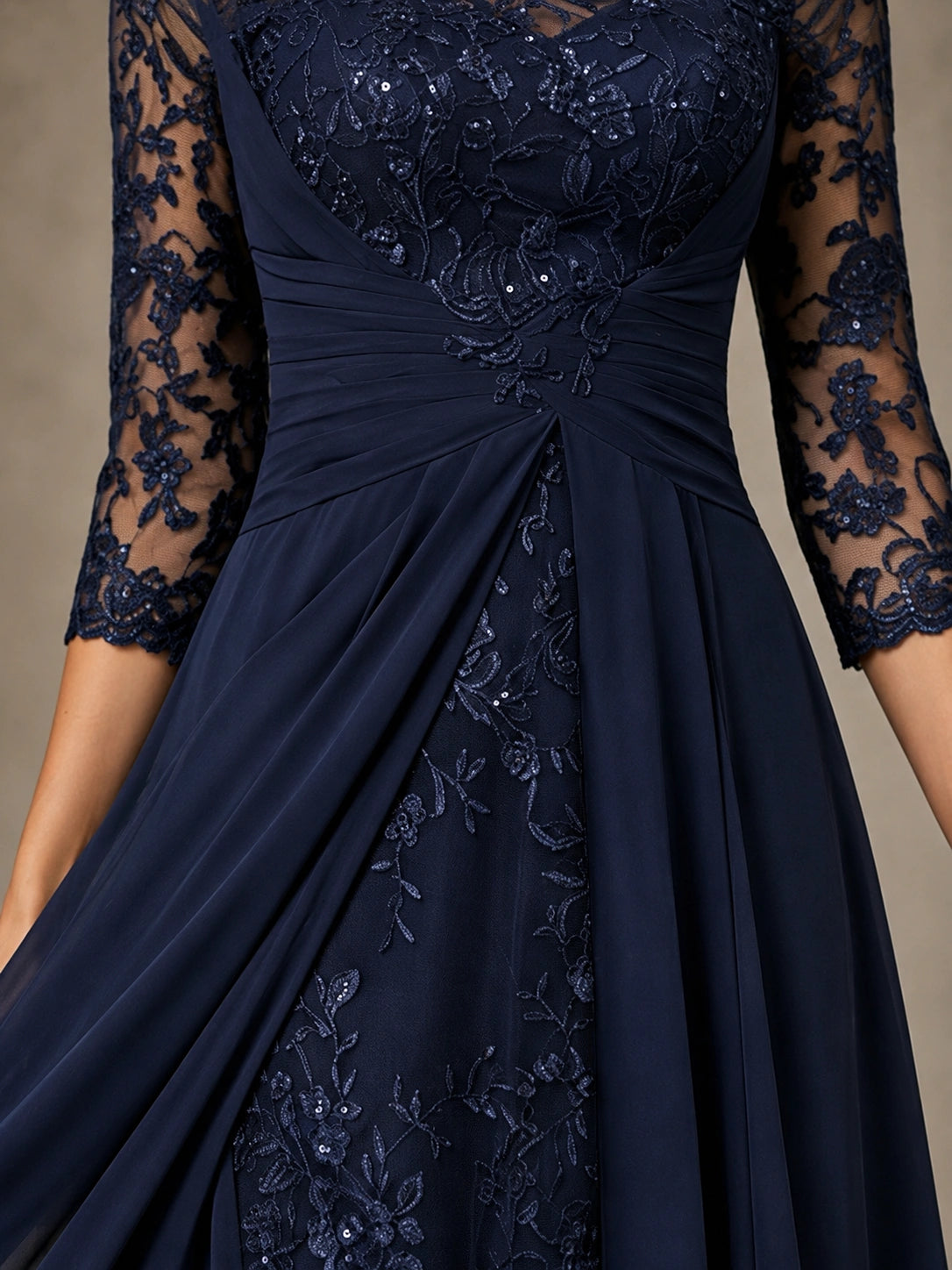 Chiffon Lace Mother of the Bride Dress with 3/4 Sleeves