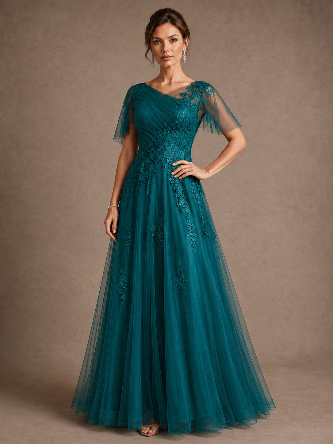 Chiffon Lace Mother of the Bride Dress with Flutter Sleeves