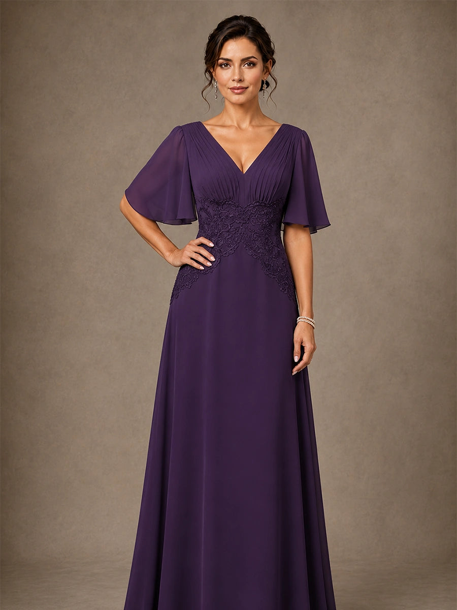 V-Neck Chiffon Mother of the Bride Dress with Applique