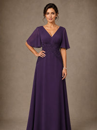 V-Neck Chiffon Mother of the Bride Dress with Applique