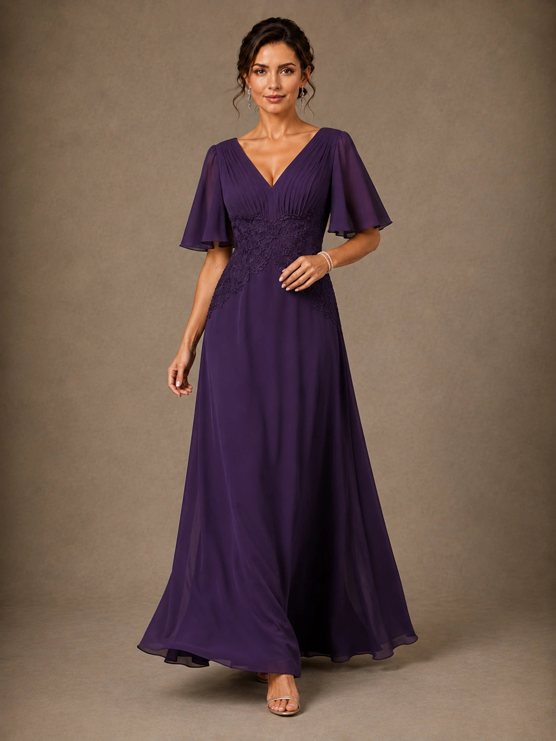 V-Neck Chiffon Mother of the Bride Dress with Applique