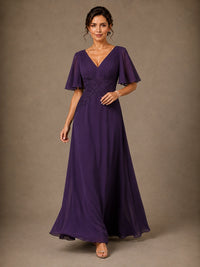 V-Neck Chiffon Mother of the Bride Dress with Applique