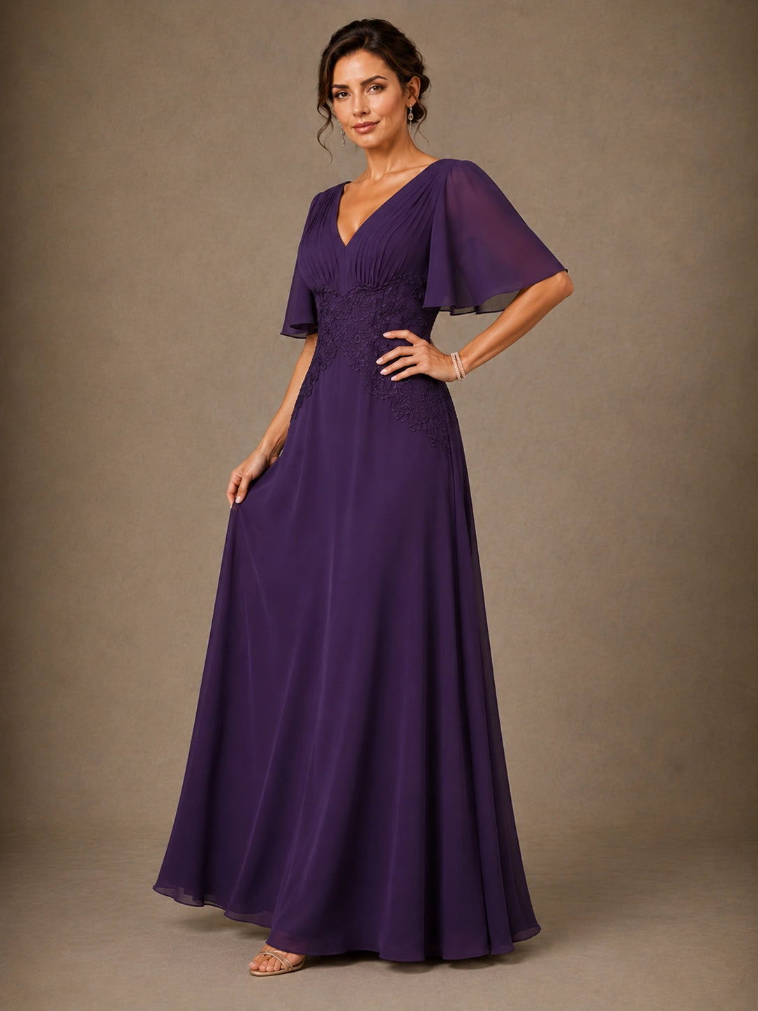 V-Neck Chiffon Mother of the Bride Dress with Applique