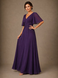 V-Neck Chiffon Mother of the Bride Dress with Applique